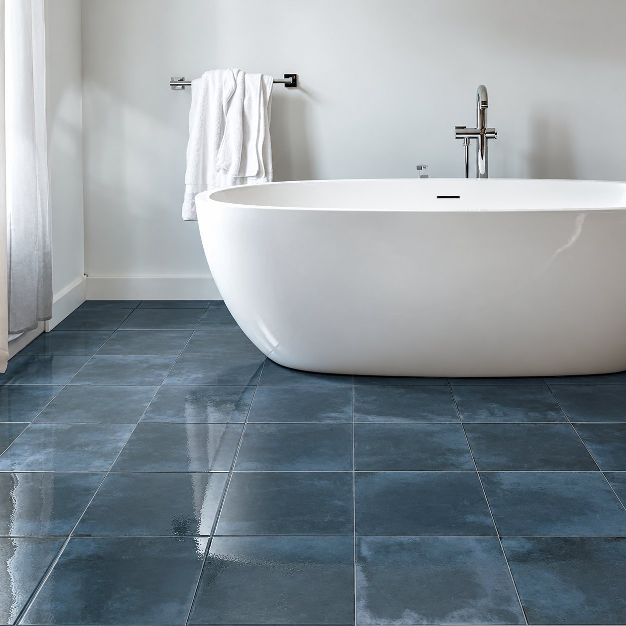 Bathroom with blue square porcelain floor tiles and a freestanding white bathtub