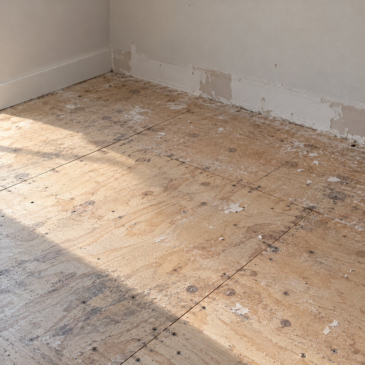 Bathroom floor before: bare plywood subfloor with old adhesive marks and screw heads