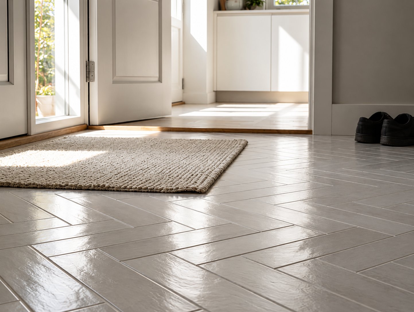 Entryway with glossy white tile laid in a herringbone pattern, a woven rug and an open front door