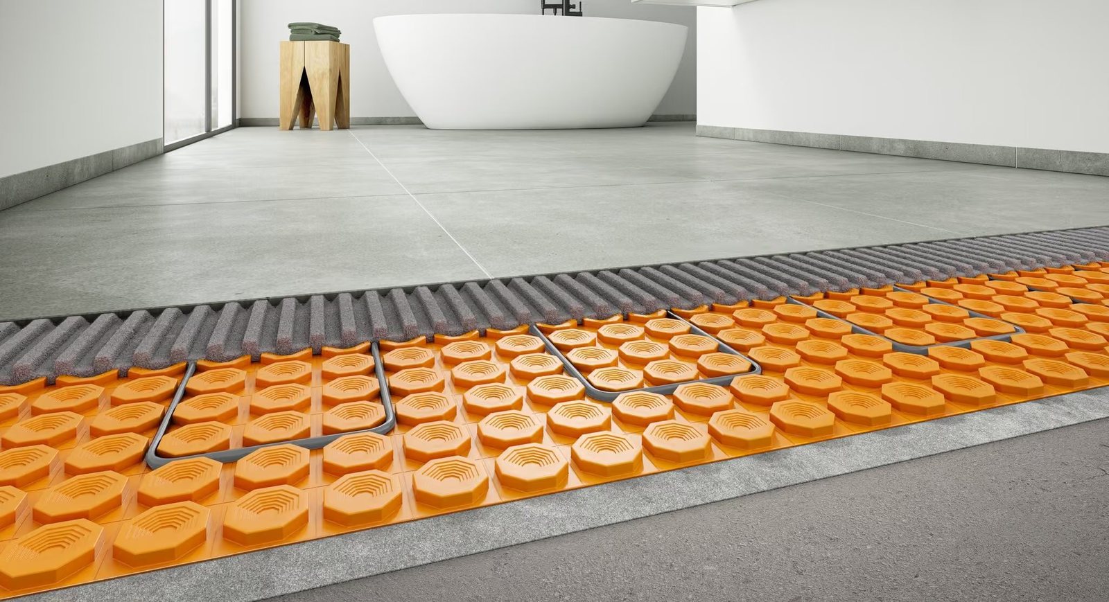 Schluter DITRA-HEAT membrane with heating cable under a tile floor